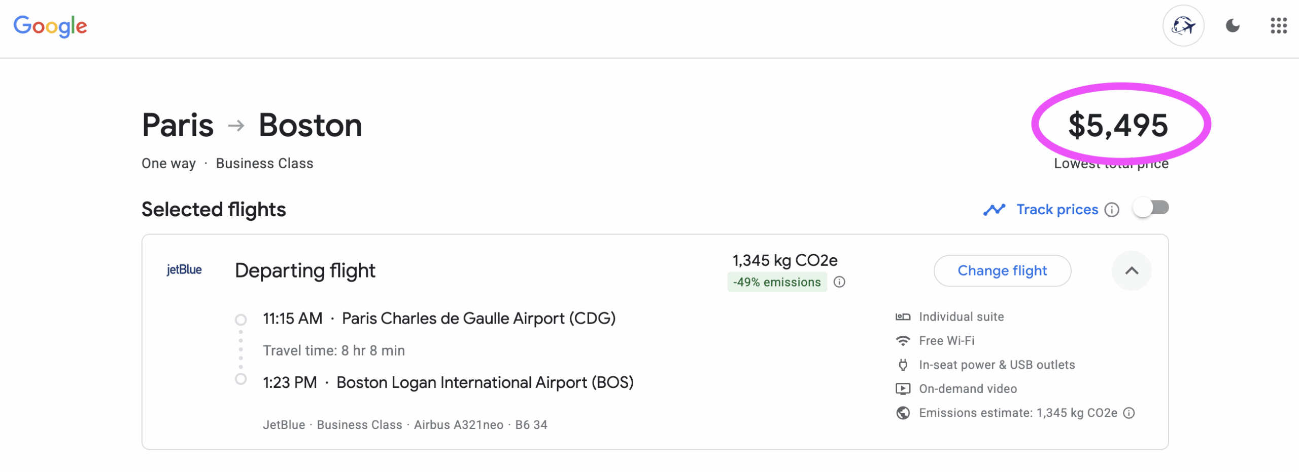 Google Flights search results showing a one-way business class flight from Paris to Boston on JetBlue for $5,495. Departure at 11:15 AM from CDG, arrival at 1:23 PM at BOS; price is circled in pink.